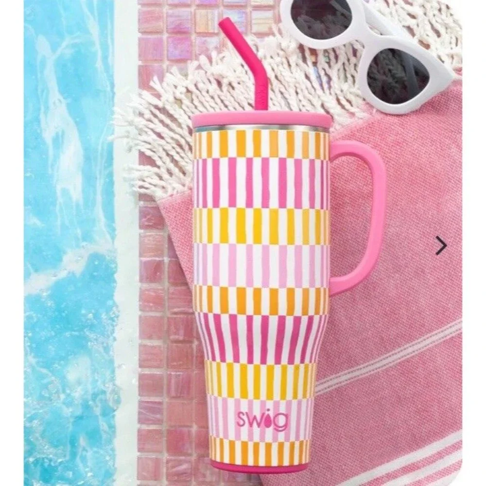 Swig Life Mega Mug Sherbet Stripe Tumbler w/Handle & Straw 40 Oz Cabana Stripe